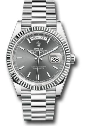 Replica Rolex Platinum Day-Date 40 Watch 228236 Fluted Bezel Slate Index Dial President Bracelet